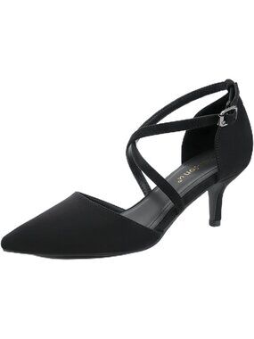 Women's Black Suede Kitten Closed Pointed Toe Heels Low Heel Cross Strap Shoes